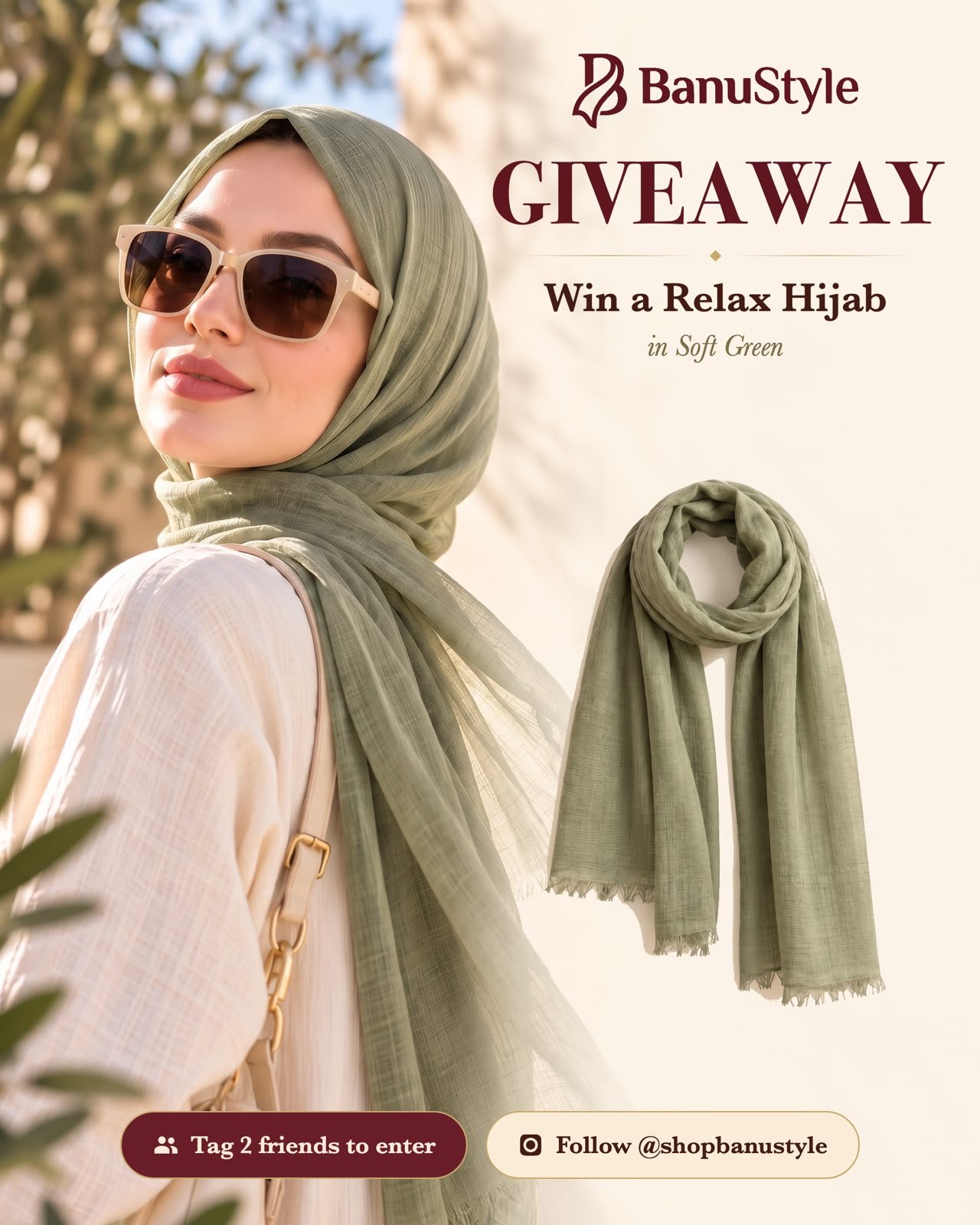 BanuStyle giveaway graphic: win the Relax Hijab in Soft Green, follow @shopbanustyle, like, tag 2 friends, ends November 5