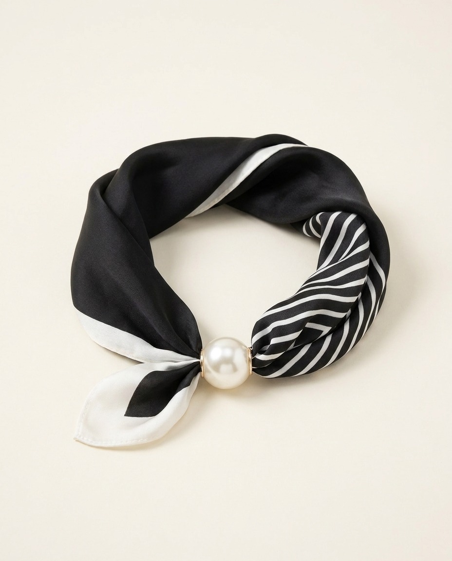 Neck Scarf with Magnetic Pearl-Black White scarf