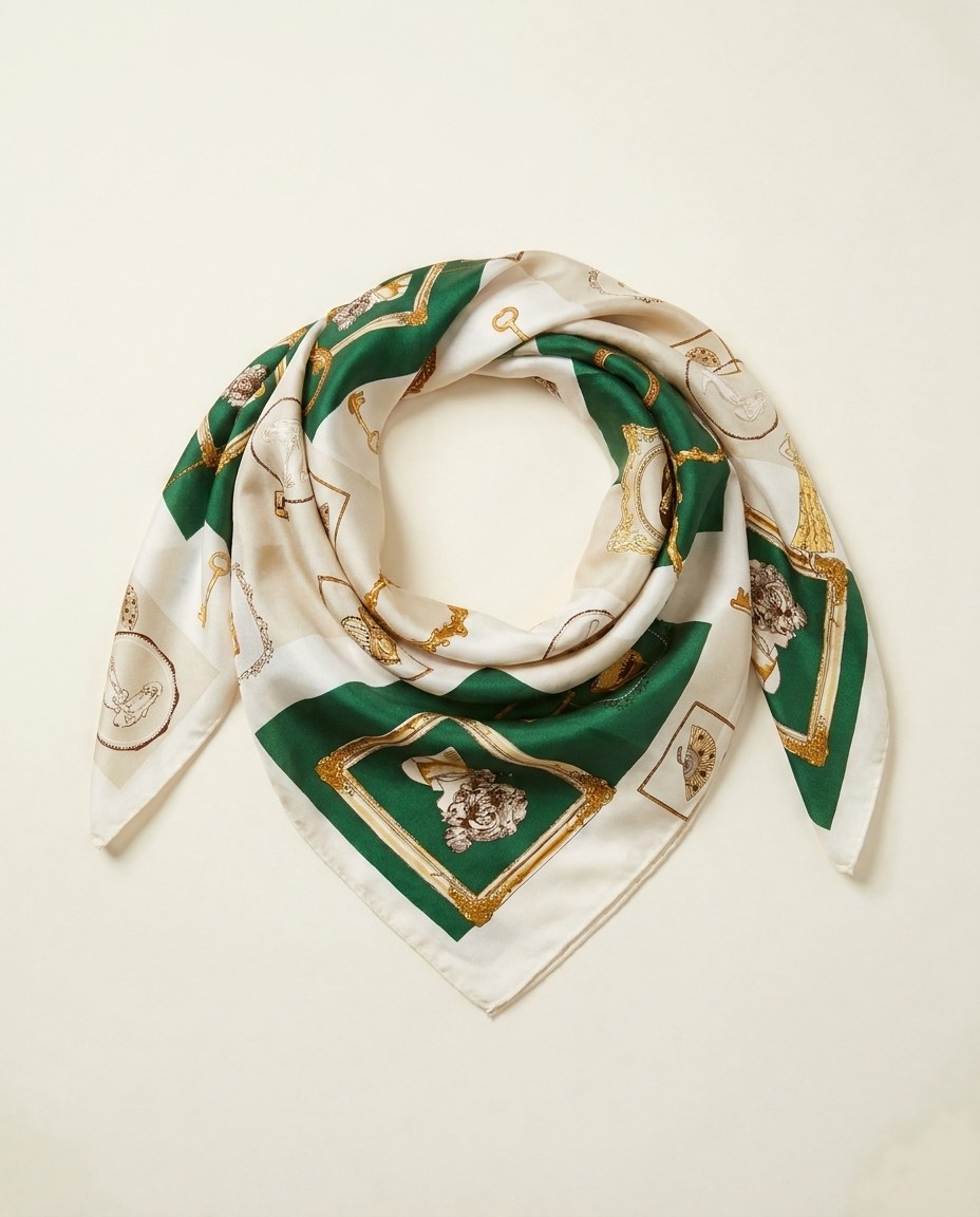Satin Luxury Scarf - Key Design Green scarf