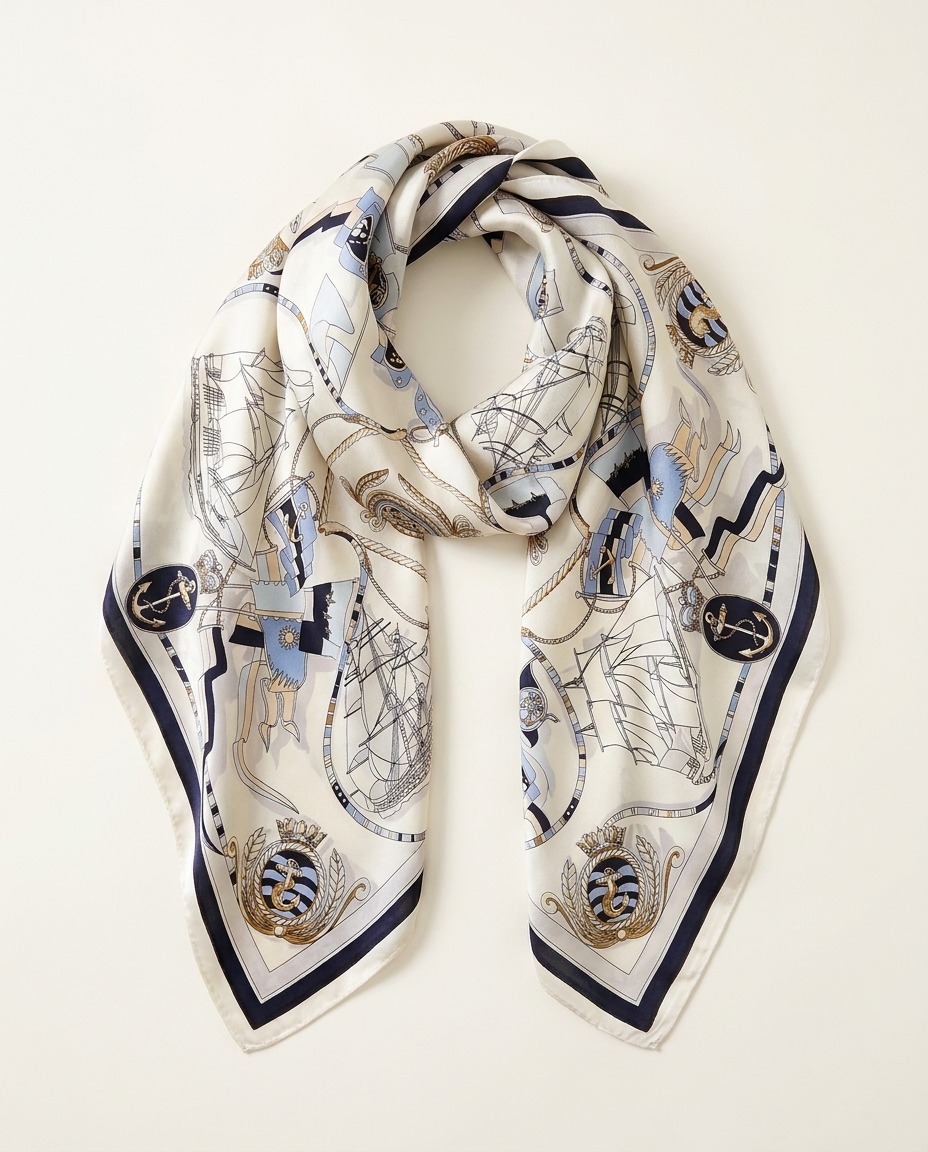 Satin Luxury Scarf-Nautical design-BlueWhite scarf